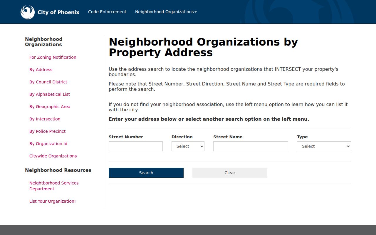 Arizona neighbors lookup in Phoenix Neighborhood Link showing required street number, direction, name, and type fields