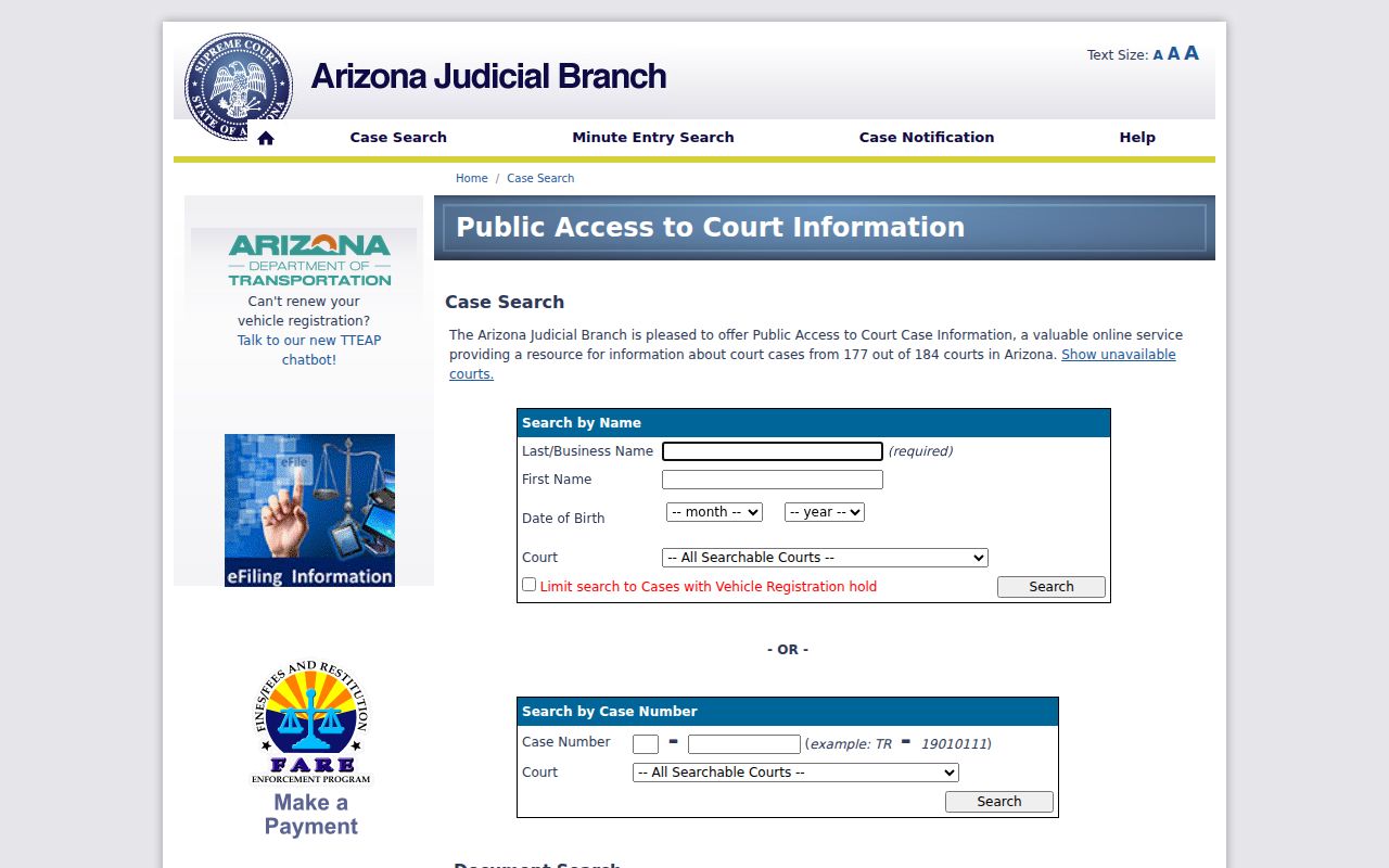 Arizona resident lookup court search verification screen